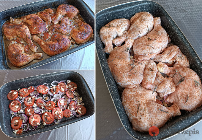Przepis Mięso z kurczaka pieczone na pomidorach i czosnku